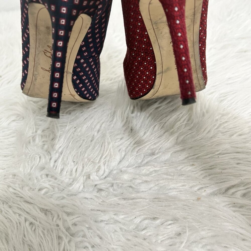 Sam Edelman Two-Tone Embellished Ankle-Strap Pointed Heels in Red and Navy - Picture 9 of 11